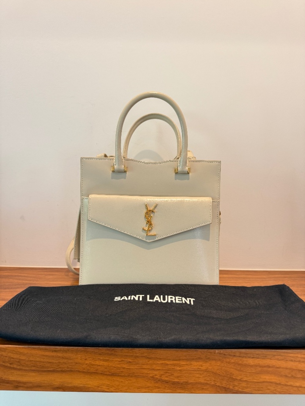 YSL Saint Laurent Canvas Calfskin Small Uptown Tote Cream Pre-Owned